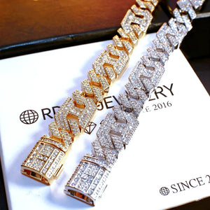 Iced out geometric polygon cuban link bracelet for men, 14mm wide hollow multi‑sided prong set VVS simulated cz diamonds micro pave hip hop street jewelry, gold plated and white gold plated two‑tone bling rapper bracelet displayed on RDRIP JEWELRY branded card, heavy baller style icy mens statement wrist bracelet RDRIP JEWELRY