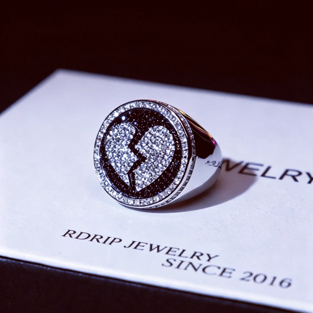 Iced Out Heartbreak Signet Ring, black white micro paved AAA cubic zirconia broken heart medallion ring, heavy hip hop men statement jewelry RDRIP JEWELRY
