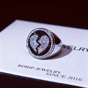 Iced Out Heartbreak Signet Ring, black white micro paved AAA cubic zirconia broken heart medallion ring, heavy hip hop men statement jewelry RDRIP JEWELRY
