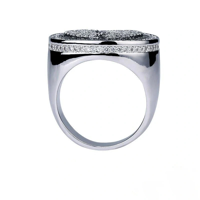 Side profile view Iced Out Heartbreak Signet Ring polished silver wide pave crystal band heavy mens hip hop rapper ring solid statement band RDRIP JEWELRY