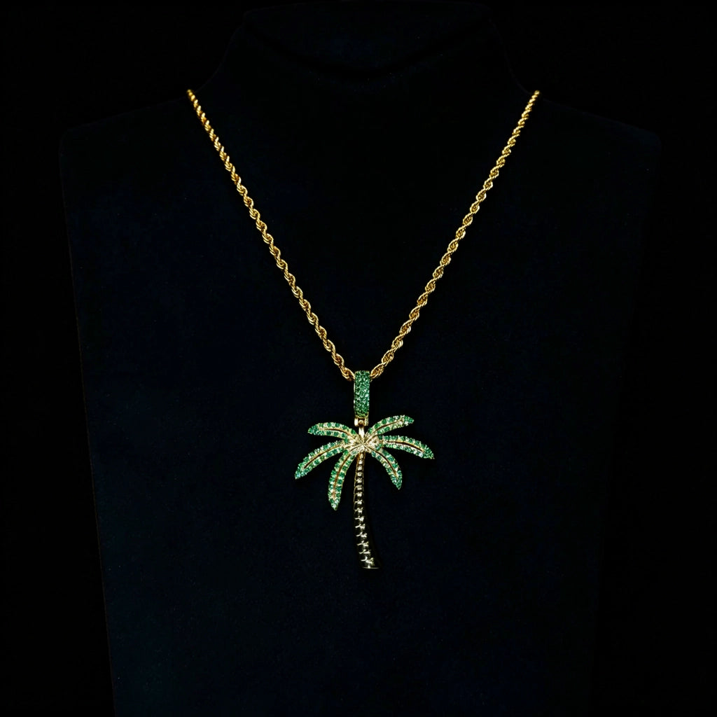 Gold Iced Palm Tree Pendant displayed on black jewelry mannequin bust micro pave green cubic zirconia stones with gold rope chain tropical street hip hop bling necklace for men RDRIP JEWELRY
