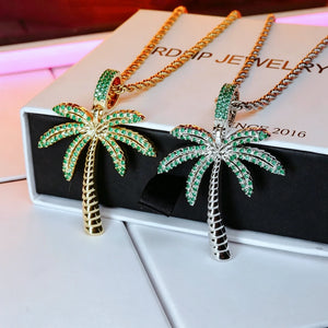 Iced Palm Tree Pendant gold silver two tone micro pave green cubic zirconia stones hip hop necklace with rope chain tropical streetwear bling jewelry for men RDRIP JEWELRY
