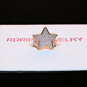 Gold plated iced out pentagram wide band men hip hop ring with full micro paved cubic zirconia stones displayed on brand gift box, icy star bling statement jewelry for men streetwear hip‑hop fashion RDRIP JEWELRY