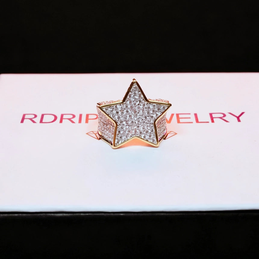 Gold plated iced out pentagram wide band men hip hop ring with full micro paved cubic zirconia stones displayed on brand gift box, icy star bling statement jewelry for men streetwear hip‑hop fashion RDRIP JEWELRY