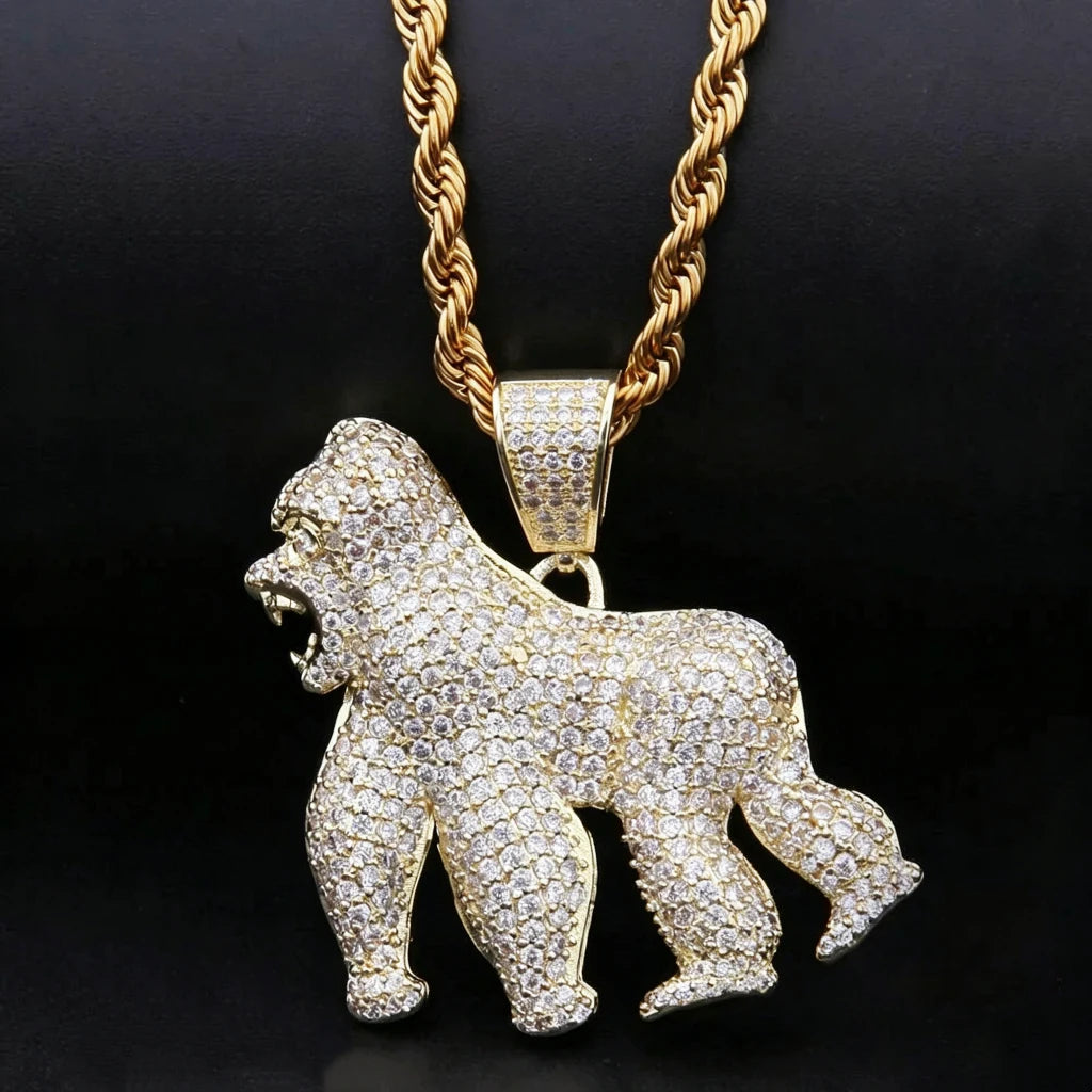iced out roaring gorilla pendant 18k yellow gold plated full paved aaa cz cubic zirconia mens hip hop necklace with matching twist rope chain street bling fashion jewelry RDRIP JEWELRY
