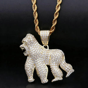 iced out roaring gorilla pendant 18k yellow gold plated full paved aaa cz cubic zirconia mens hip hop necklace with matching twist rope chain street bling fashion jewelry RDRIP JEWELRY
