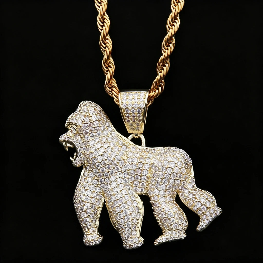 iced out roaring gorilla pendant 18k yellow gold plated full paved aaa cz cubic zirconia mens hip hop necklace charm bling street fashion jewelry RDRIP JEWELRY
