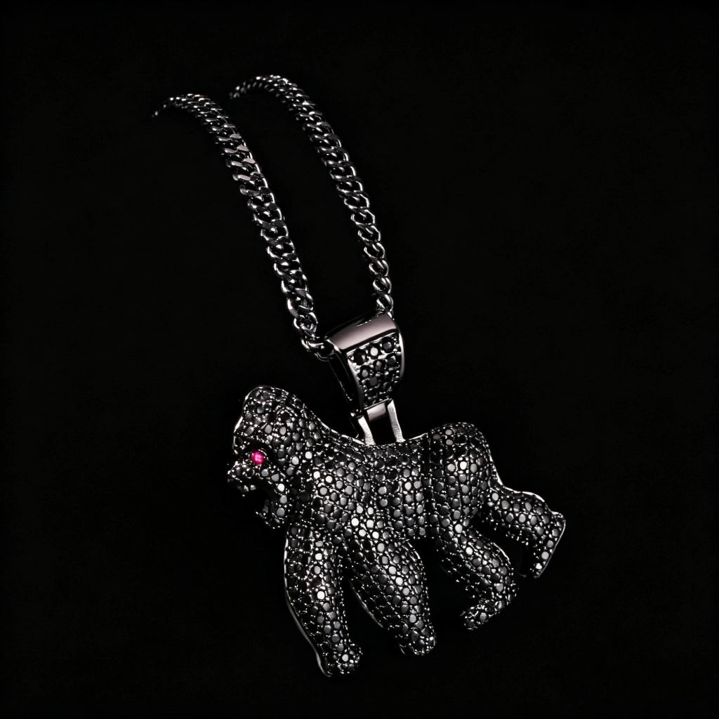 iced out roaring gorilla pendant black gun metal finish full paved aaa cz cubic zirconia with pink eye accent mens hip hop necklace charm dark street bling jewelry RDRIP JEWELRY
