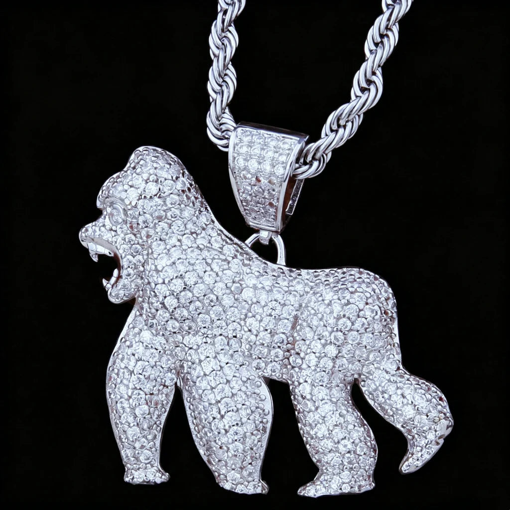 fully iced out roaring gorilla pendant full paved aaa cz cubic zirconia silver plated men hip hop necklace charm street wear bling jewelry RDRIP JEWELRY
