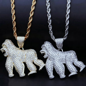 iced out roaring gorilla pendant 18k gold plated and silver plated side by side comparison full paved aaa cz cubic zirconia mens hip hop necklace charm multiple color options street bling jewelry RDRIP JEWELRY
