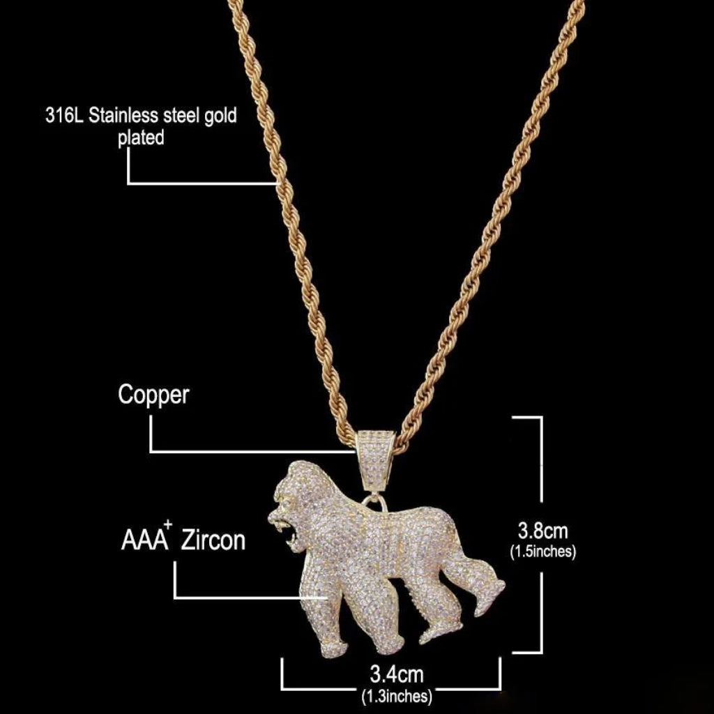 iced out roaring gorilla pendant dimension size spec chart showing measurements material composition aaa zircon copper 316l stainless steel gold plated mens hip hop necklace technical reference image RDRIP JEWELRY
