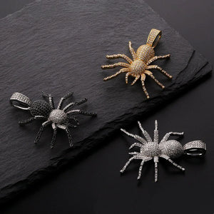 Iced Tarantula Spider Pendant three color variations display, gold tone black silver tone fully paved VVS simulated diamonds spider hip hop pendants for men, multi‑color option streetwear bling jewelry RDRIP JEWELRY
