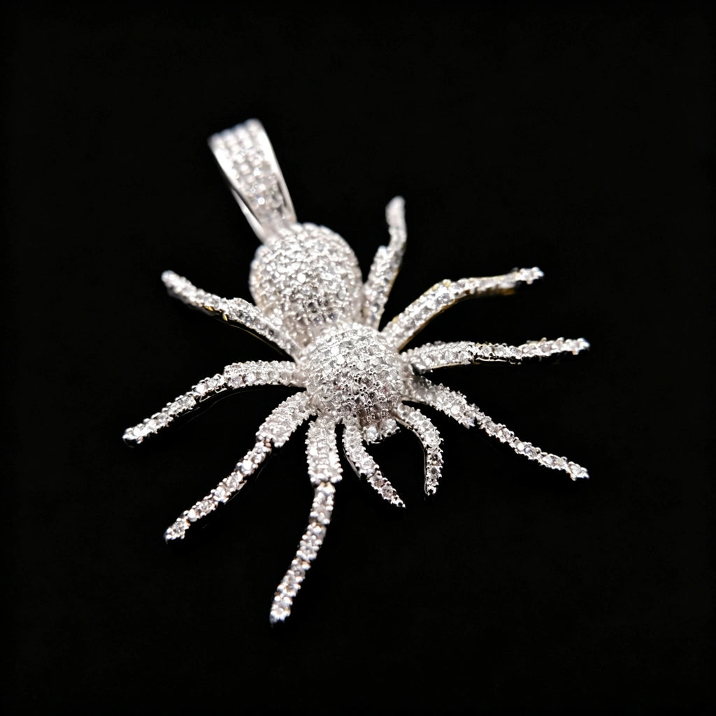 Iced Tarantula Spider Pendant close‑up shot, fully micro paved flawless VVS simulated diamonds hip hop charm, silver tone oversized spider streetwear jewelry for men, detailed multi‑leg tarantula design RDRIP JEWELRY

