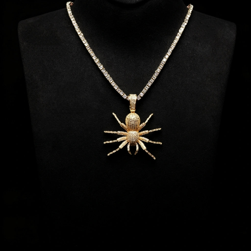Gold Iced Tarantula Spider Pendant with tennis chain on black mannequin bust display, fully micro paved VVS simulated diamonds hip hop necklace for men, wearable street style bling jewelry presentation RDRIP JEWELRY
