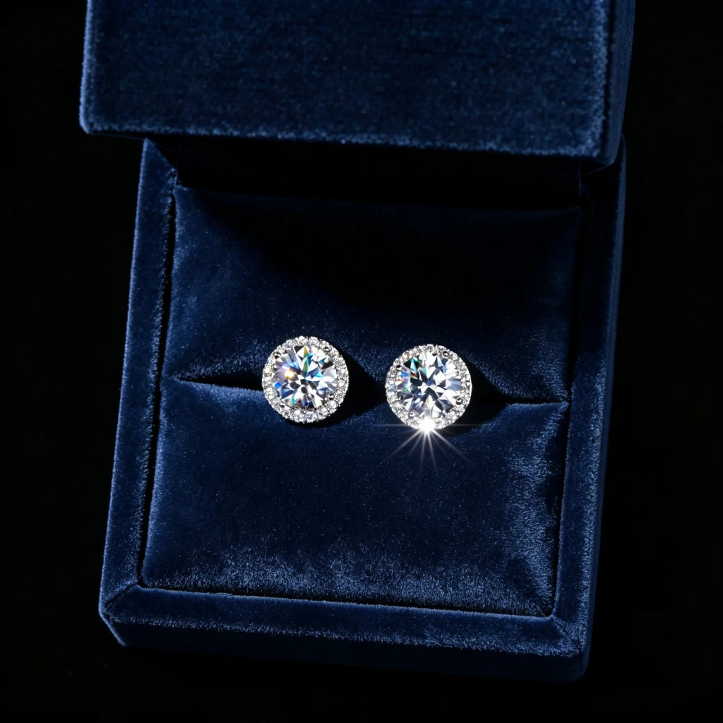 2 Carat Round Halo Moissanite Stud Earrings, VVS1 D-E Color Hearts and Arrows Ideal Cut 925 Sterling Silver Iced Out Halo Studs in Black Jewelry Box Luxury Hip Hop Jewelry RDRIP JEWELRY
