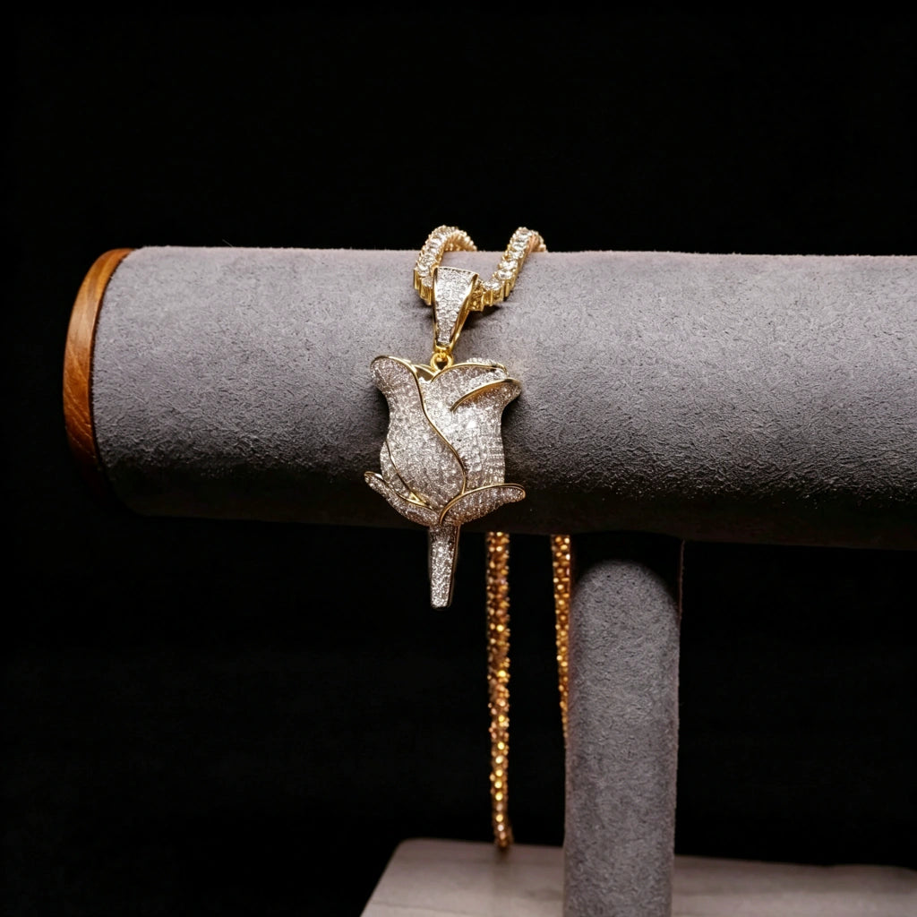 Jewelry stand display of bling fully paved rose flower pendant necklace, iced out gold plated hip hop jewelry set with flawless vvs simulated diamonds, luxury unisex rose charm pendant for street fashion style RDRIP JEWELRY SINCE 2016
