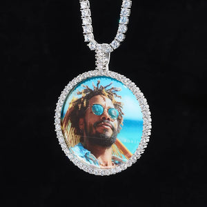 Silver plated stainless steel Large 3D Circle Custom Picture Pendant surrounded by sparkling VVS CZ stones, custom memory photo pendant with sturdy bail designed to hang on all cuban tennis rope chains, streetwear personalized jewelry from RDRIP Jewelry