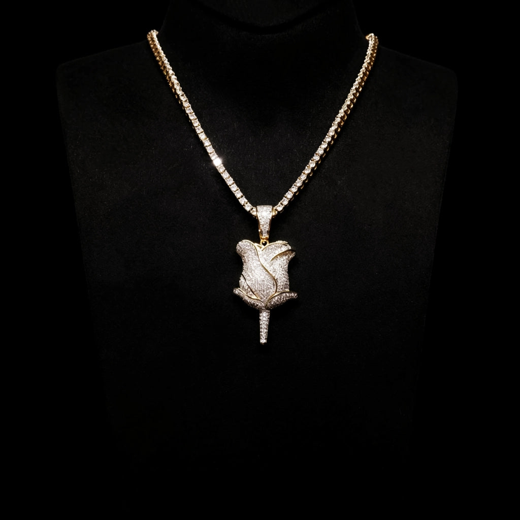 Mannequin display shot of bling fully paved rose flower pendant, gold plated iced out hip hop necklace set with flawless vvs simulated diamonds, unisex street fashion rose charm jewelry RDRIP JEWELRY SINCE 2016
