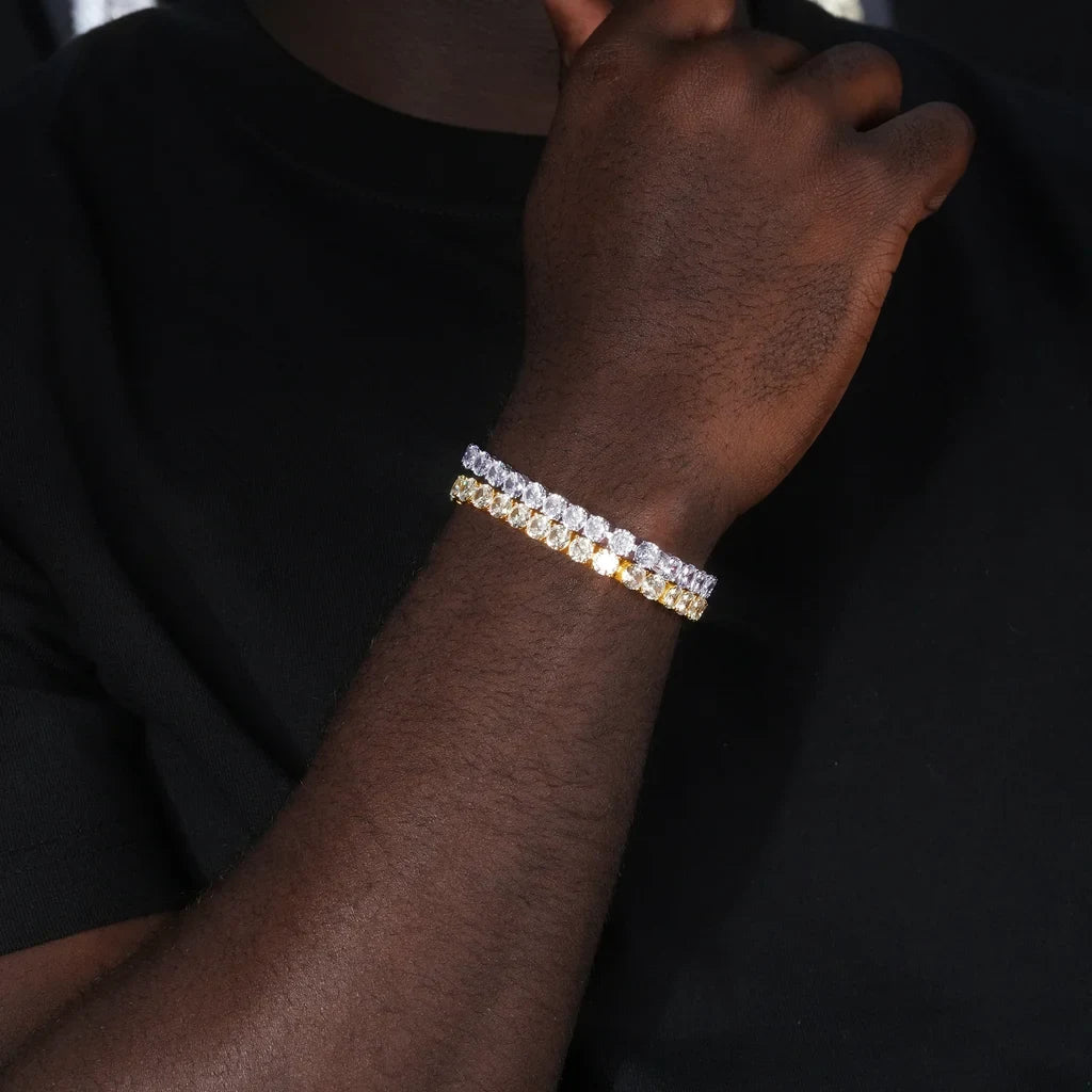 RDRIP JEWELRY 925 Sterling Silver 6mm Sparkle Tennis Bracelet, men real‑wrist wearing shot, 18k gold plated and white gold plated flawless VVS simulated cubic zirconia diamonds, hip hop iced out layered bracelet styling, unisex fashion statement wrist jewelry for everyday outfit

