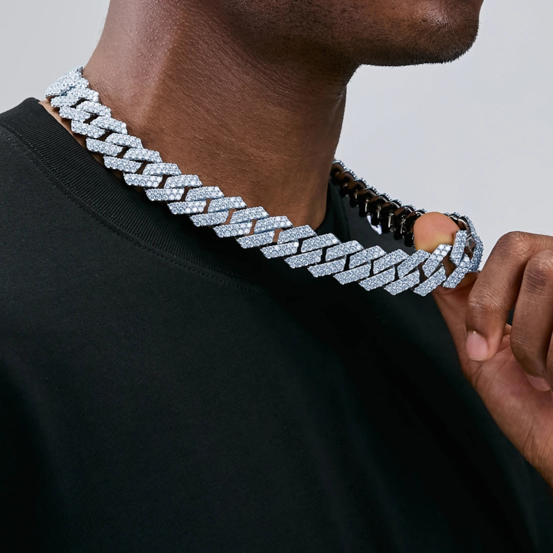 Man wearing 19MM 2-Row Iced Out Prong White Gold Cuban Chain, hip hop streetwear statement necklace, RDRIP
Jewelry