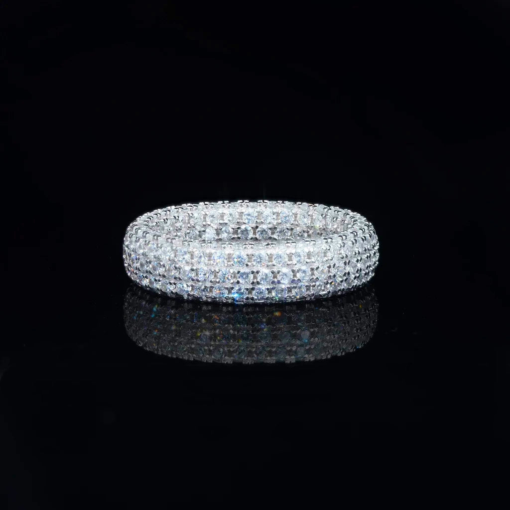 925 sterling silver multi‑row micro pave aaa cubic zirconia full eternity iced out ring for men, thick 6mm hip hop bling statement band, all‑around sparkling cz stones, shot on black reflective background, RDRIP JEWELRY SINCE 2016
