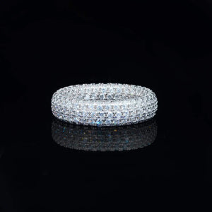925 sterling silver multi‑row micro pave aaa cubic zirconia full eternity iced out ring for men, thick 6mm hip hop bling statement band, all‑around sparkling cz stones, shot on black reflective background, RDRIP JEWELRY SINCE 2016
