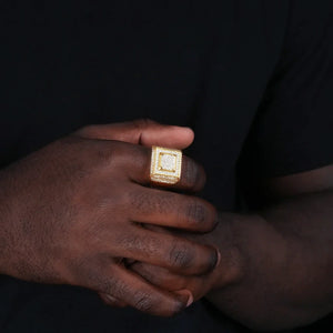 Official Limited micro‑inlay multi‑layer square signet ring hand worn model shot,18K gold plated heavy‑weight men hip‑hop ring,full pave sparkling cubic zirconia micro‑inlay stones,multi‑layer square frame iced‑out wide band ring,real‑life wearing effect,men rapper statement fashion jewelry against dark black background RDRIP JEWELRY
