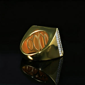 Official Limited micro‑inlay multi‑layer square signet ring inner cutout view, 18K gold plated men hip‑hop ring, hollow cut‑out interior for lightweight comfort, polished smooth gold band, side profile with micro‑inlay cubic zirconia stones, black glossy reflective background, heavy iced‑out rapper statement jewelry showing inner craftsmanship RDRIP JEWELRY
