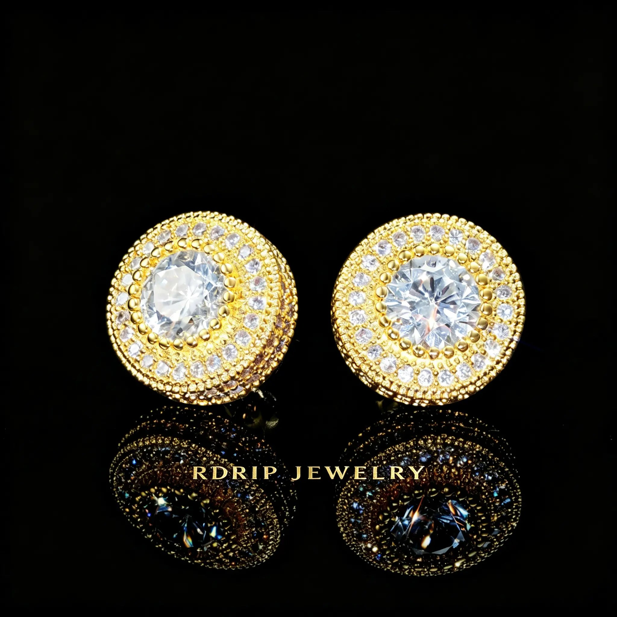 12mm Gold Plated Iced Round Shape Hip Hop Stud Earrings, double halo micro pave cluster studs with large center stone, displayed on black reflective surface, RDRIP JEWELRY
