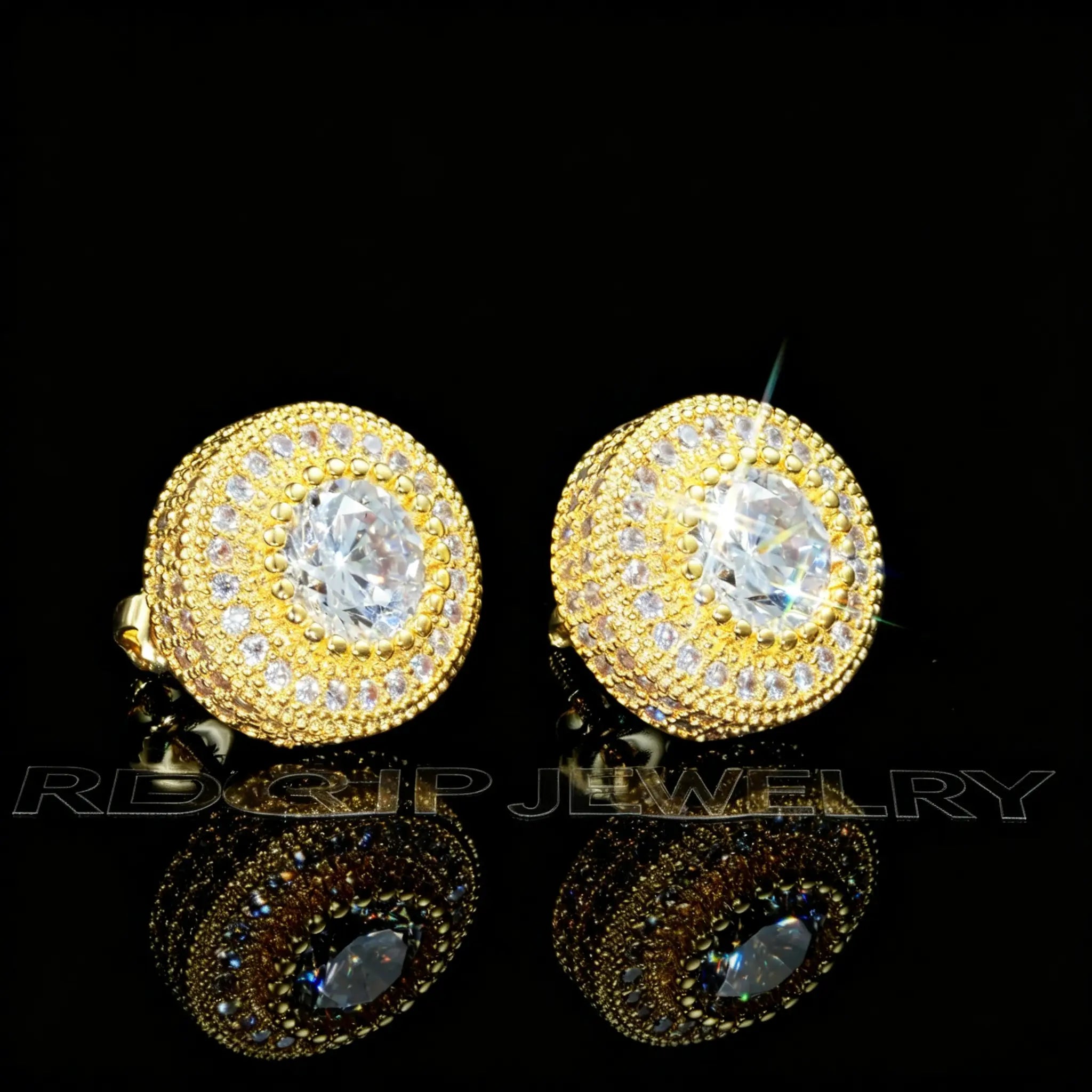 12mm Gold Plated Iced Round Shape Hip Hop Stud Earrings, halo cluster micro pave stones, screw back bling earrings on black reflective surface, RDRIP JEWELRY
