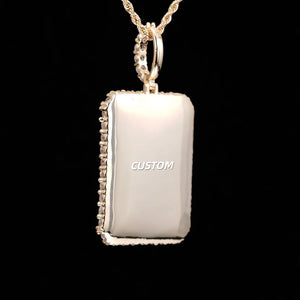 3D Iced Out Rectangle Custom Photo Pendant, gold tone diamond frame locket embedded with family portrait, held in hand, custom memory picture pendant with tennis chain, personalized hip hop keepsake jewelry, RDRIP JEWELRY
