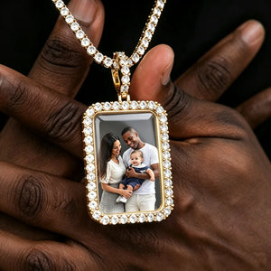 3D Iced Out Rectangle Custom Photo Pendant, gold tone rectangular custom picture locket with family baby portrait, diamond encrusted frame pendant with iced tennis chain, held in hand, personalized hip hop memorial photo necklace, RDRIP JEWELRY
