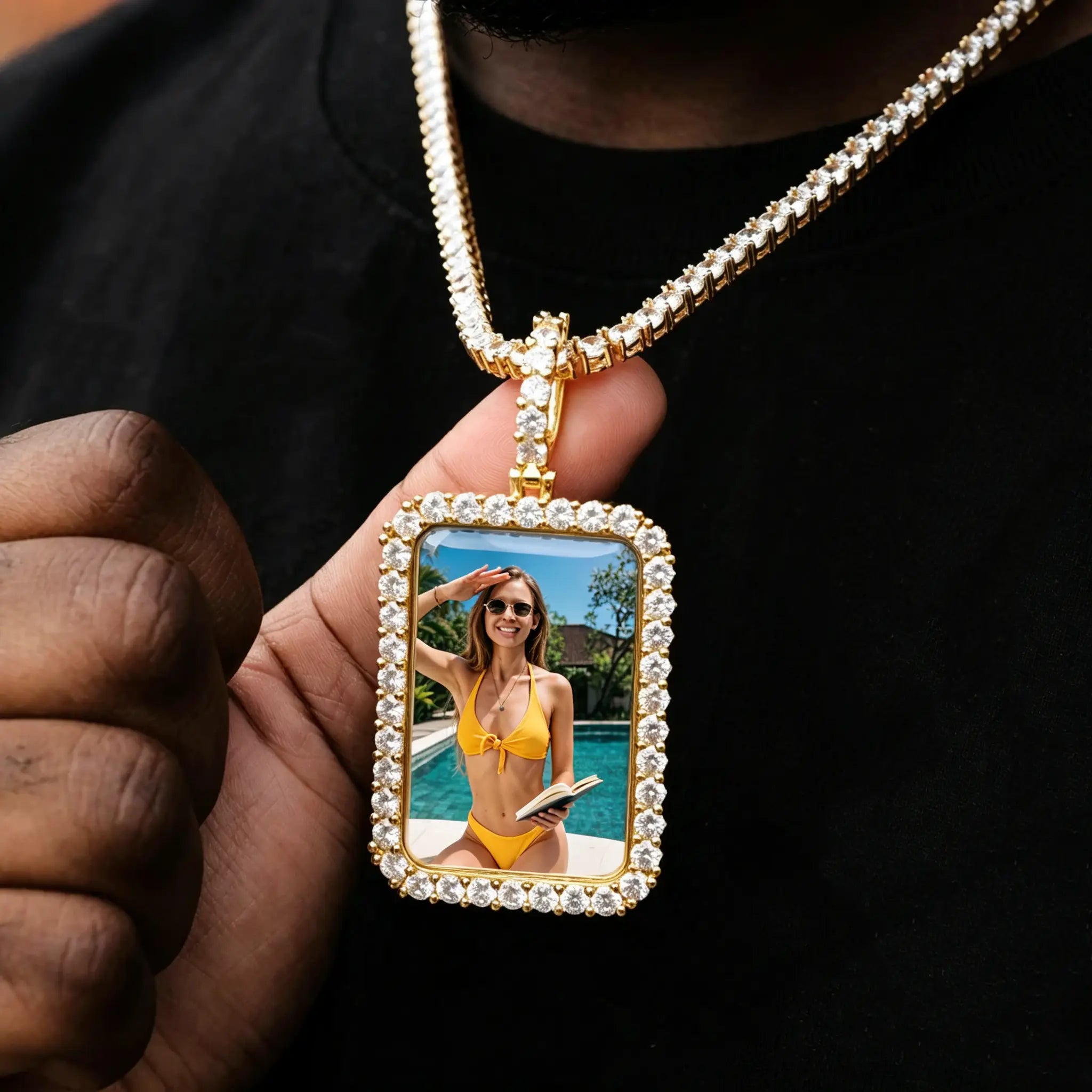 3D Iced Out Rectangle Custom Photo Pendant, gold diamond frame locket with woman pool portrait, held in hand, custom memory picture pendant matched with iced tennis chain, personalized hip hop keepsake photo necklace, RDRIP JEWELry
