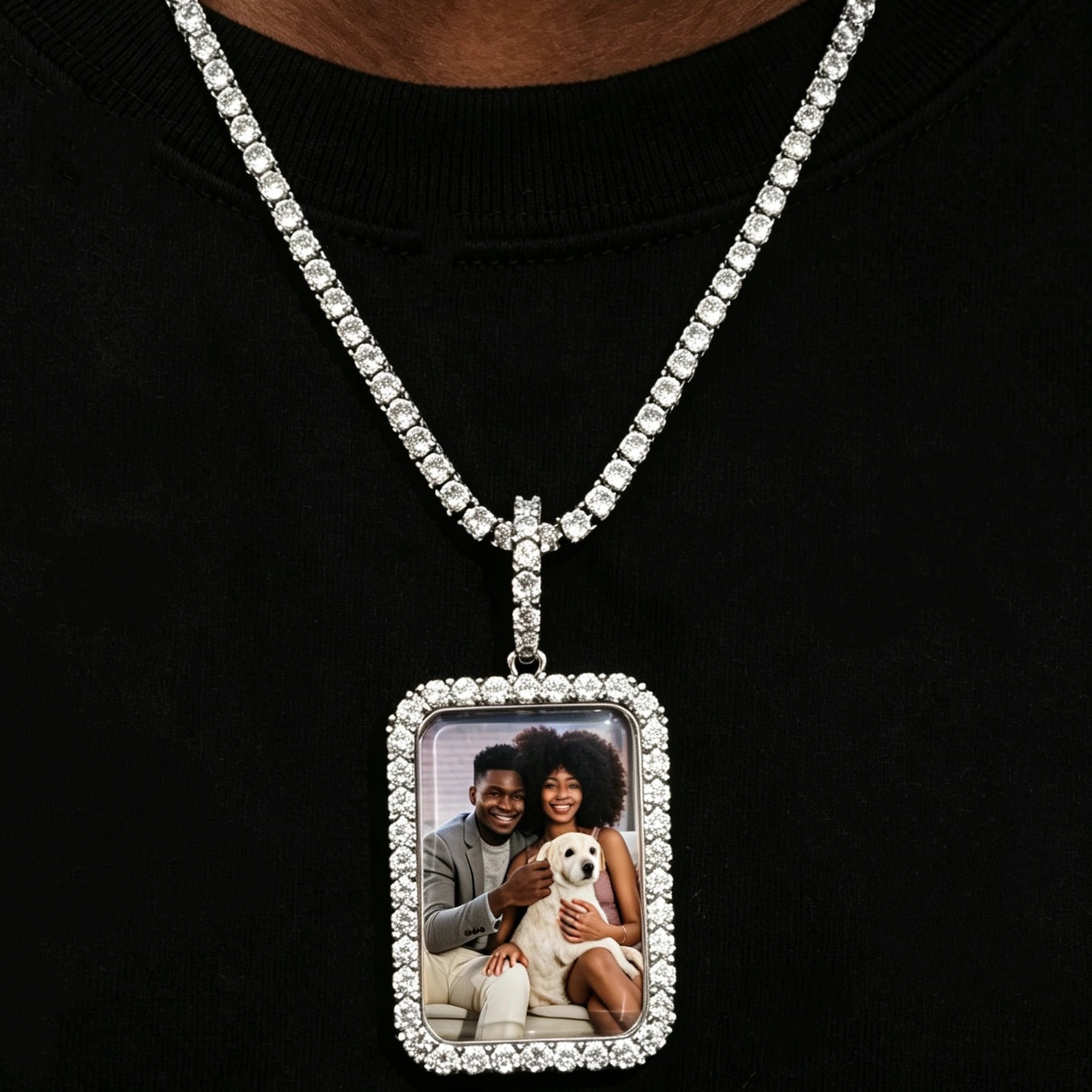 3D Iced Out Rectangle Custom Photo Pendant, silver tone rectangular photo locket with family portrait, diamond border pendant paired with iced tennis chain, worn on black shirt, personalized hip hop custom picture necklace, RDRIP JEWELRY
