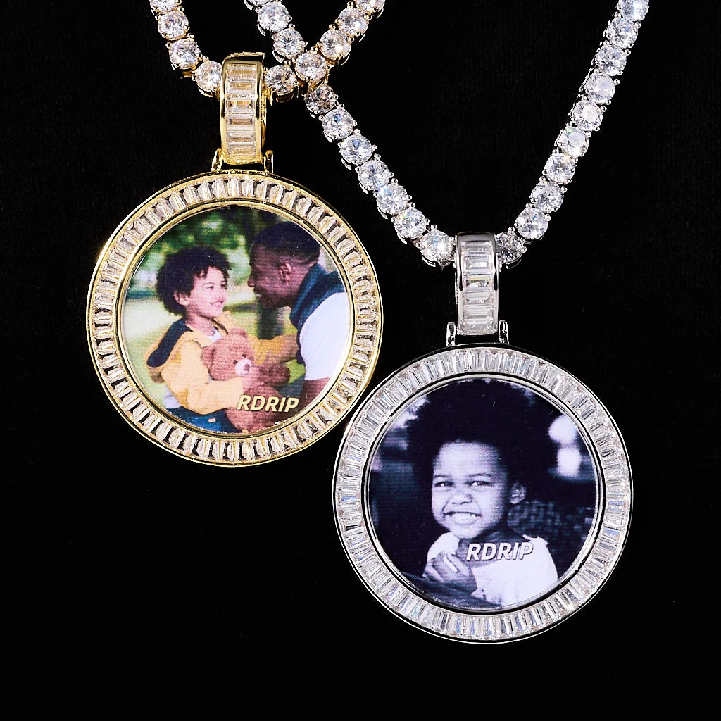 Baguette Iced Out Round Custom Photo Pendant Necklace, two-tone display of yellow gold and white gold pendants with custom printed photos, baguette stone border, tennis chains, solid black background commercial shot, personalized hip hop keepsake jewelry, RDRIP JEWELRY
