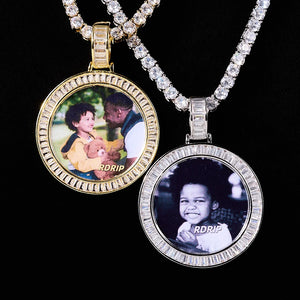 Baguette Iced Out Round Custom Photo Pendant Necklace, two-tone display of yellow gold and white gold pendants with custom printed photos, baguette stone border, tennis chains, solid black background commercial shot, personalized hip hop keepsake jewelry, RDRIP JEWELRY
