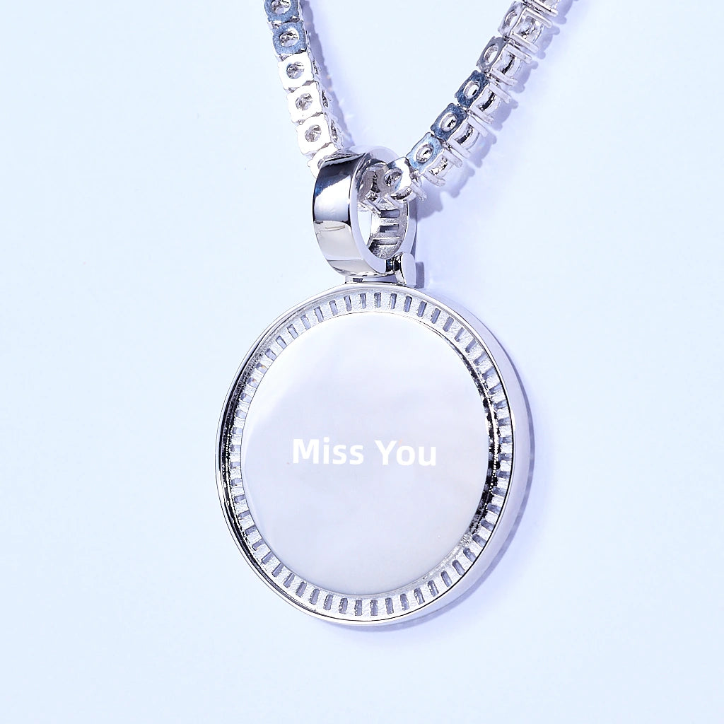 Baguette Iced Out Round Custom Photo Pendant Necklace, white gold tone blank empty template pendant without photo, hanging view with tennis chain on pale white background, customizable round picture medallion blank sample, RDRIP JEWELRY
