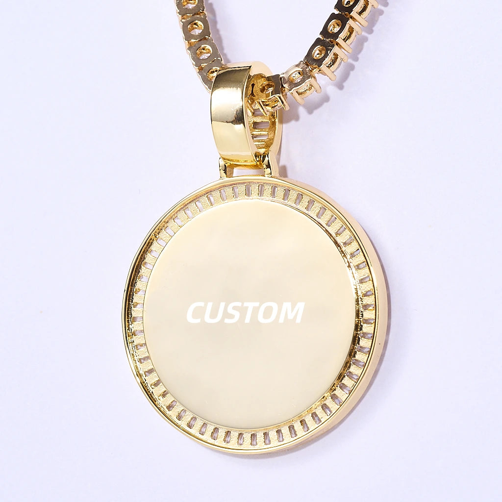 Baguette Iced Out Round Custom Photo Pendant Necklace, yellow gold tone blank empty template pendant with no photo inserted, hanging view paired with tennis chain on pale white background, customizable round picture medallion blank sample, RDRIP JEWELRY
