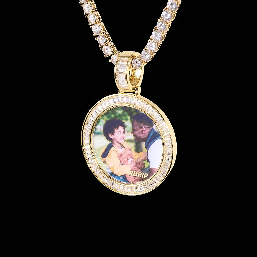 Baguette Iced Out Round Custom Photo Pendant Necklace, yellow gold tone pendant with baguette-cut stone frame, custom father and child portrait photo, suspended with tennis chain against solid black background, personalized hip hop keepsake jewelry, RDRIP JEWELRY
