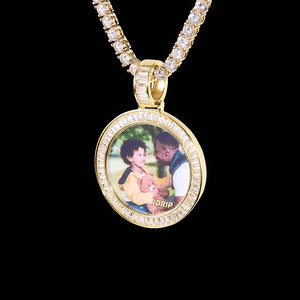 Baguette Iced Out Round Custom Photo Pendant Necklace, yellow gold tone pendant with baguette-cut stone frame, custom father and child portrait photo, suspended with tennis chain against solid black background, personalized hip hop keepsake jewelry, RDRIP JEWELRY
