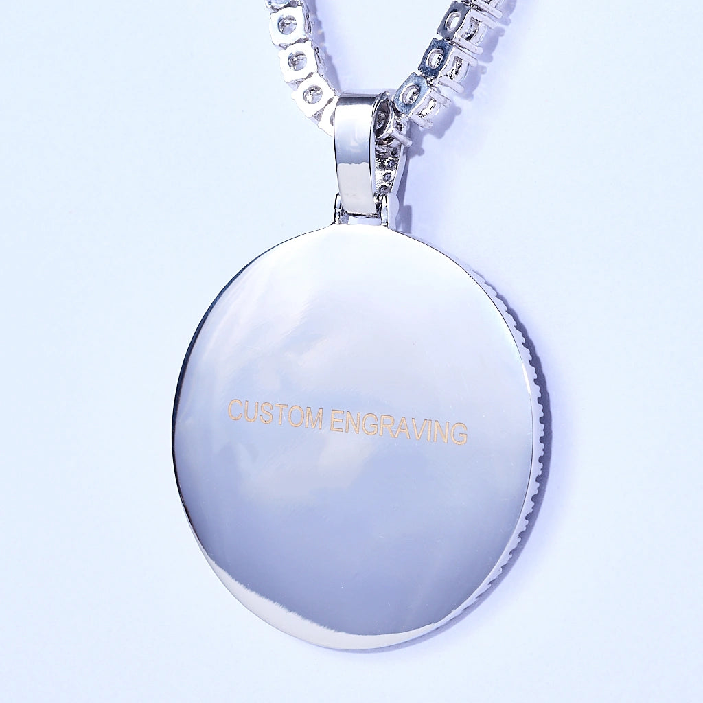 Classic Iced Out Circle Custom Photo Pendant Necklace back view, silver tone blank engraving plate with "CUSTOM ENGRAVING" marking, paired with box chain, studio shot on plain white background, personalized hip hop custom memory jewelry, RDRIP JEWELRY
