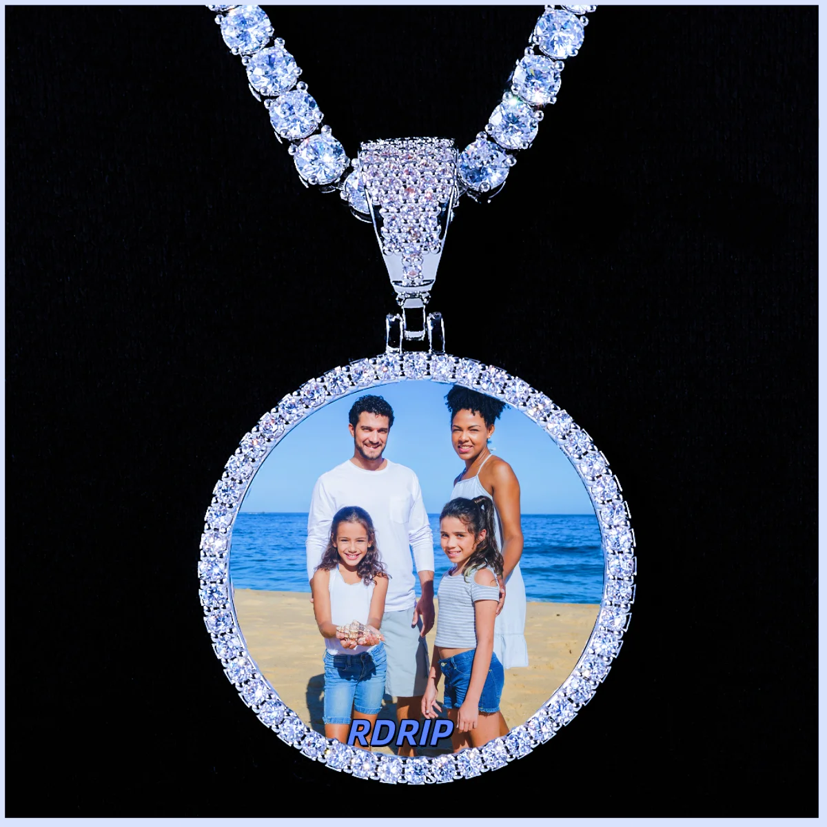 Classic Iced Out Circle Custom Photo Pendant Necklace, silver tone single row icy circle picture medallion with family photo, matched tennis chain, studio shot on solid black background, personalized hip hop memory jewelry, RDRIP JEWELRY
