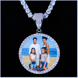 Classic Iced Out Circle Custom Photo Pendant Necklace, silver tone single row icy circle picture medallion with family photo, matched tennis chain, studio shot on solid black background, personalized hip hop memory jewelry, RDRIP JEWELRY
