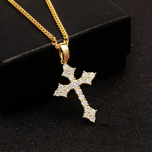Iced Flower Cluster Cross Pendant 18k gold plated hip hop religious necklace studio shot on black glitter textured surface, flawless VVS simulated diamond flower cluster cross charm with detailed iced bail and cuban link chain unisex bling street fashion jewelry RDRIP JEWELRY
