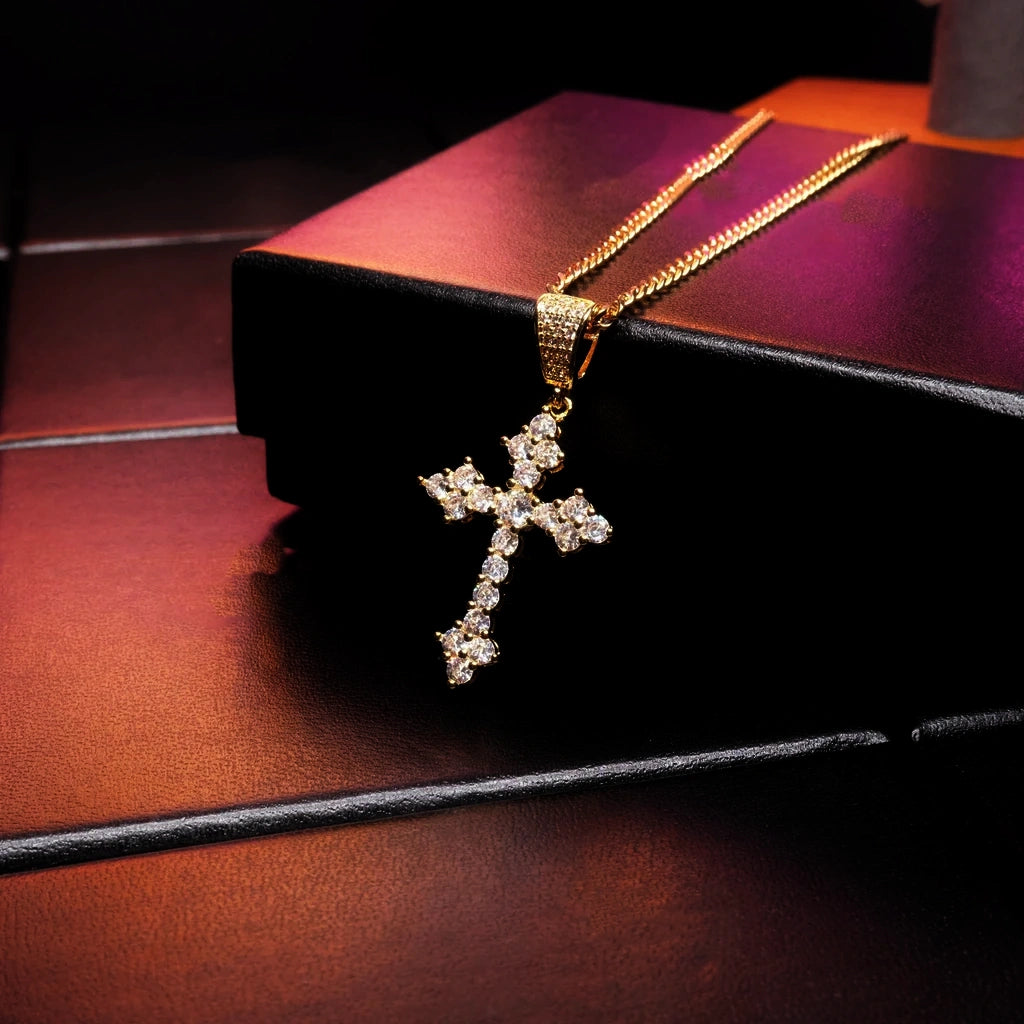 Iced Flower Cluster Cross Pendant 18k gold plated hip hop cross necklace displayed on luxury gift box with warm mood lighting, flawless VVS simulated diamond flower cluster cross pendant with iced bail and cuban link chain unisex religious street jewelry RDRIP JEWELRY
