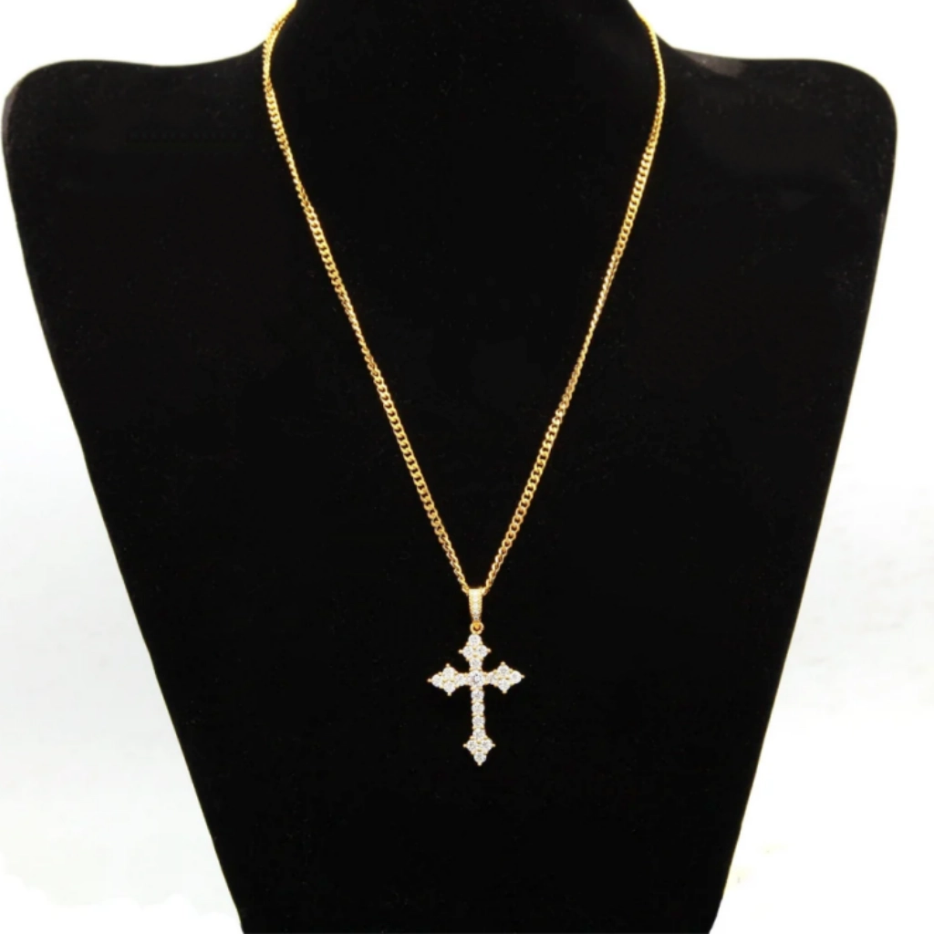 Iced Flower Cluster Cross Pendant 18k gold plated full necklace display on black jewelry mannequin bust, flawless VVS simulated diamond flower cluster cross pendant matched with cuban link chain unisex hip hop religious street jewelry for men women RDRIP JEWELRY
