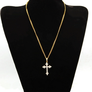 Iced Flower Cluster Cross Pendant 18k gold plated full necklace display on black jewelry mannequin bust, flawless VVS simulated diamond flower cluster cross pendant matched with cuban link chain unisex hip hop religious street jewelry for men women RDRIP JEWELRY
