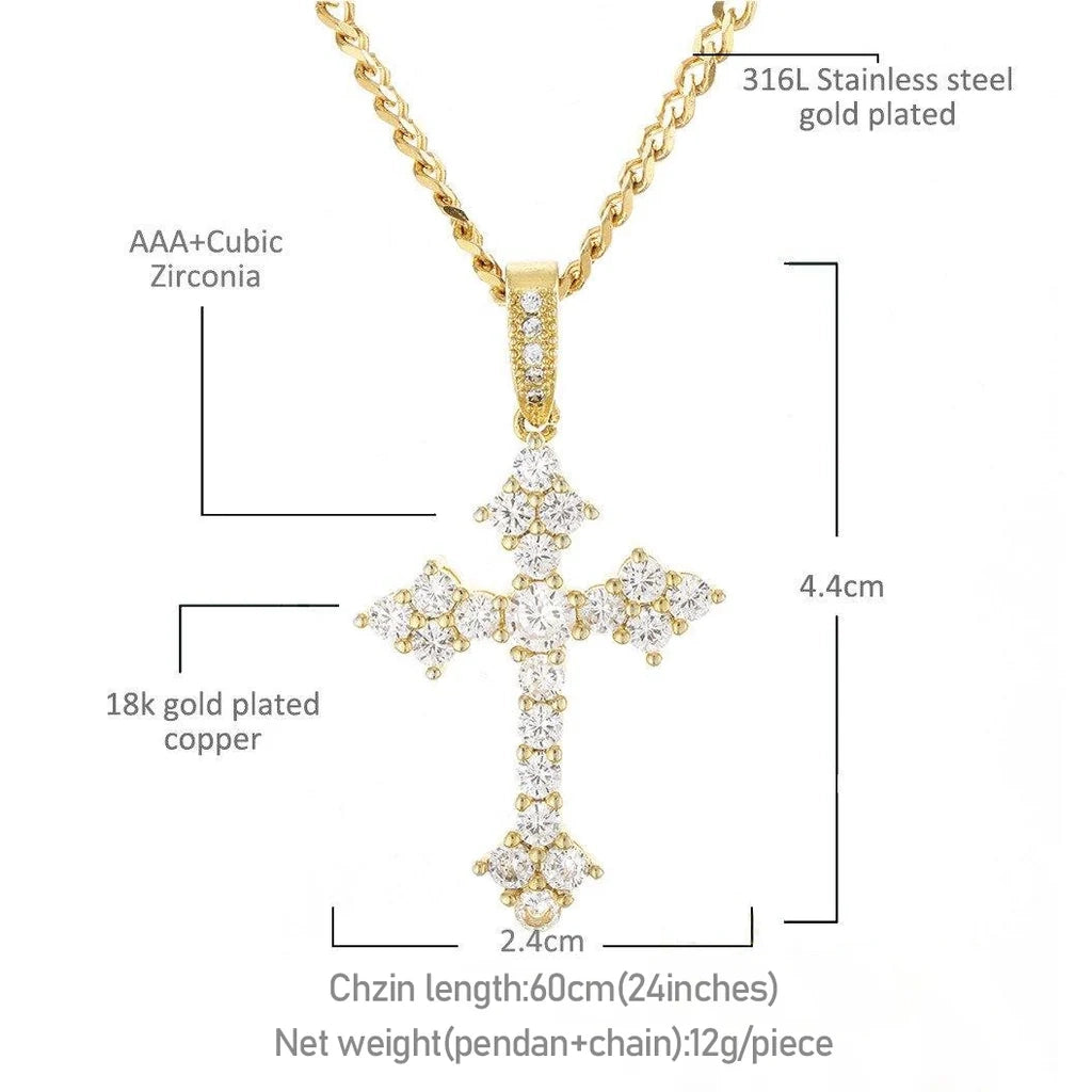 Iced Flower Cluster Cross Pendant product specification infographic on plain white background, shows dimensions material stone information 18k gold plated copper VVS simulated diamond cross pendant with cuban link chain unisex hip hop religious jewelry size chart RDRIP JEWELRY
