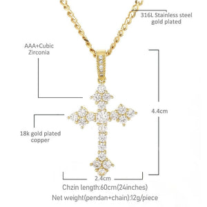 Iced Flower Cluster Cross Pendant product specification infographic on plain white background, shows dimensions material stone information 18k gold plated copper VVS simulated diamond cross pendant with cuban link chain unisex hip hop religious jewelry size chart RDRIP JEWELRY
