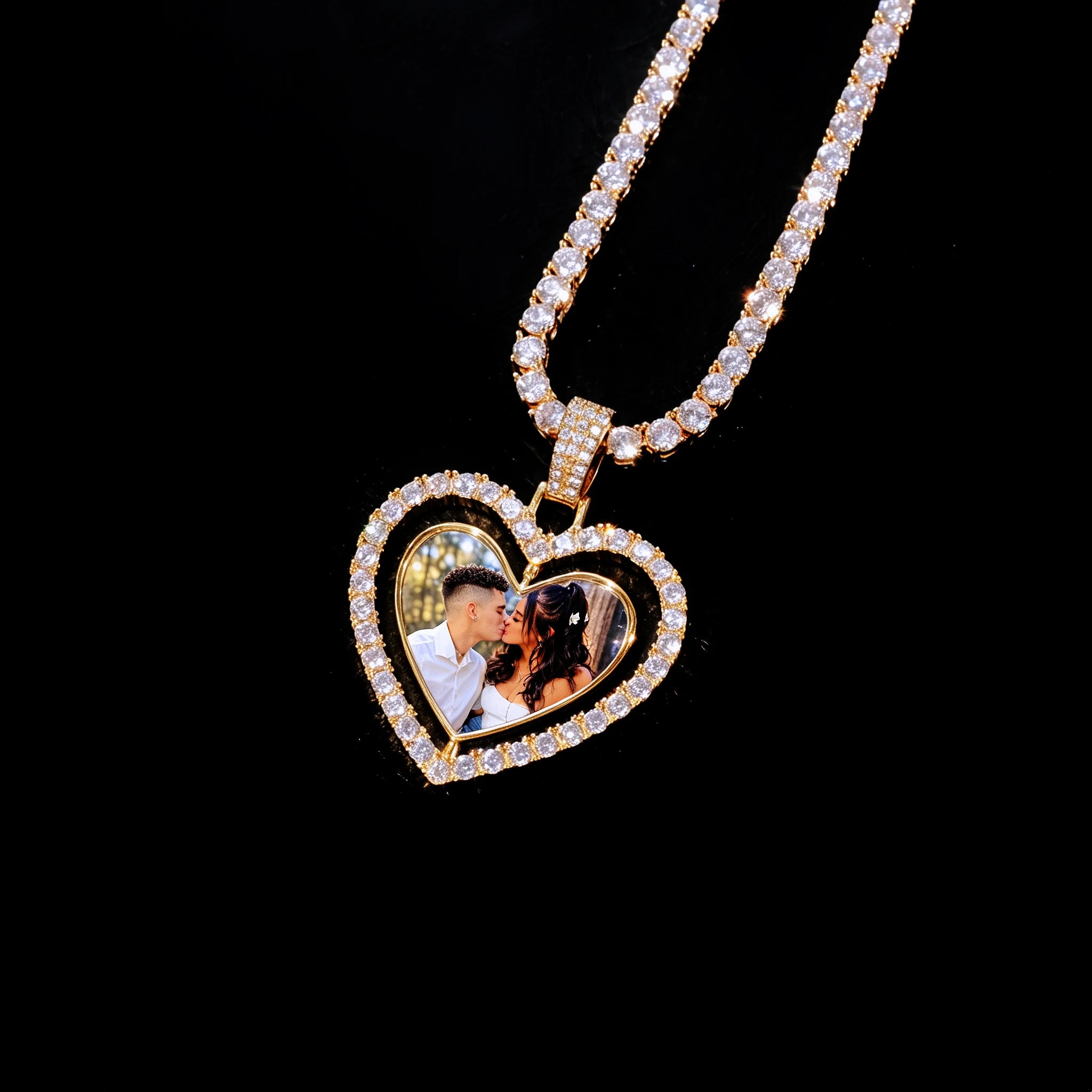 Iced Out Double Sided Rotatable Heart Custom Photo Pendant, gold tone tennis chain, couple kissing portrait inserted inside heart frame, encrusted round stones, solid pure black background personalized custom photo locket necklace, RDRIP JEWELRY
